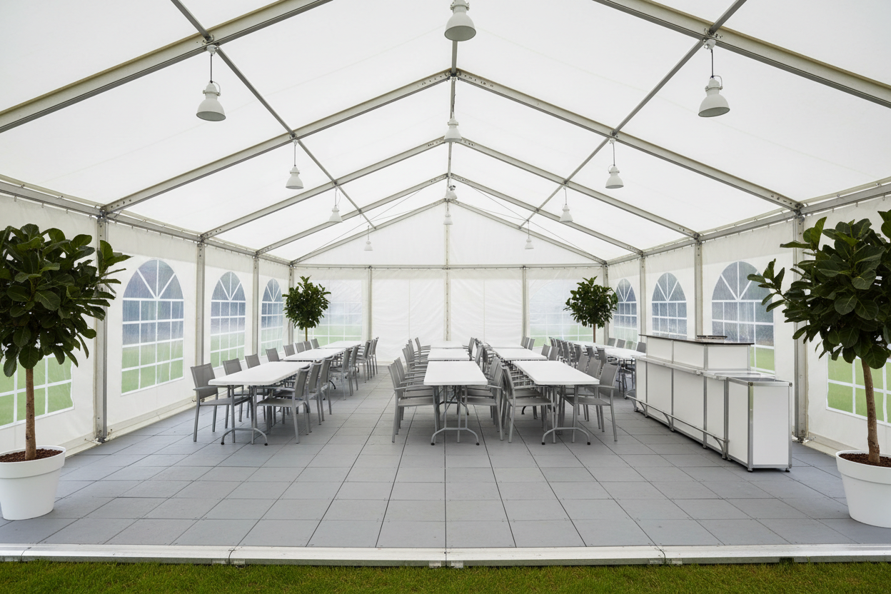 6 m Bredt Festtelt — Hvide/Grå / Plast Gulv / 54 m2