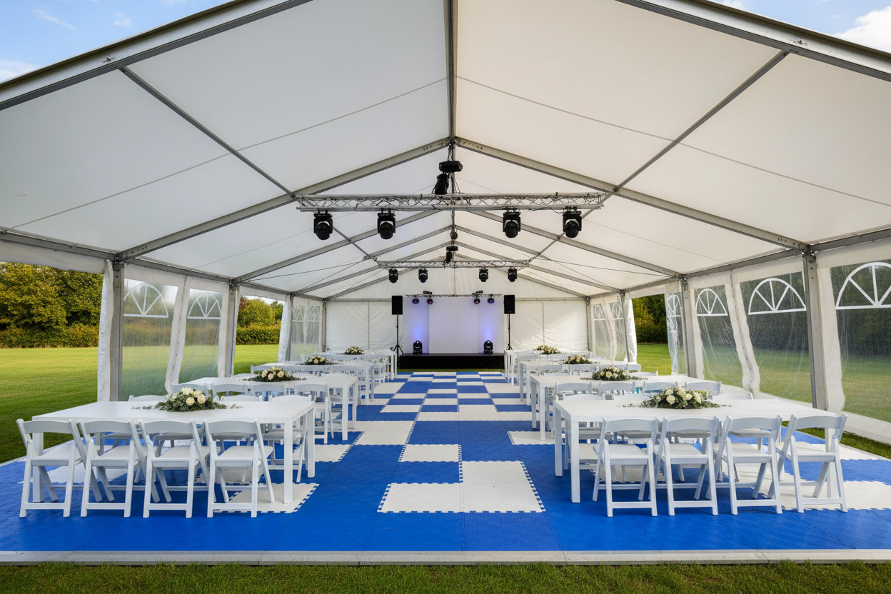 9 m Bredt Partytelt — Hvide / Plast Gulv / 81 m2