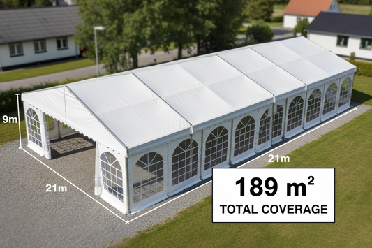 9 m Bredt Partytelt — Hvide / Uden gulv / 189 m2