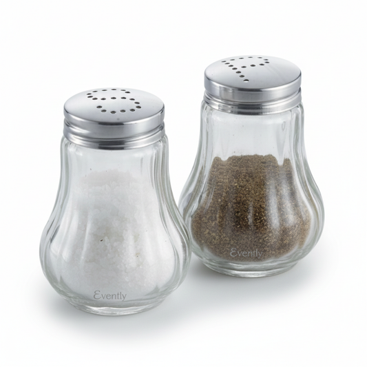 Klassisk Kuvert-Sæt til Salt og Peber – Glas med Sølvfarvet Låg (Højde 3,5 cm)